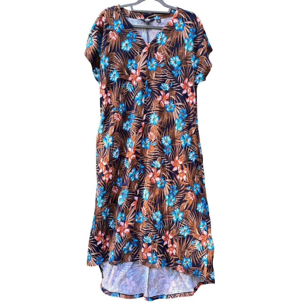 Lands End Womens Medium Maxi Shirt Dress Brown Blue Floral Tropical Resortwear
